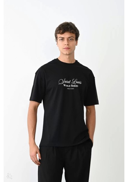 Bisiklet Yaka Baskılı Oversize T-Shirt - Siyah