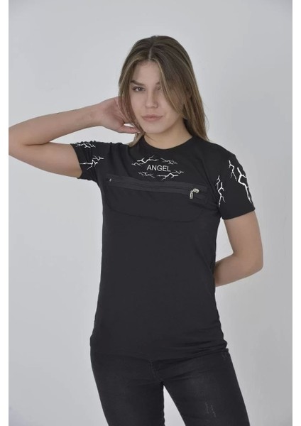 Göğüs Fermuarlı Baskılı T-Shirt - Siyah