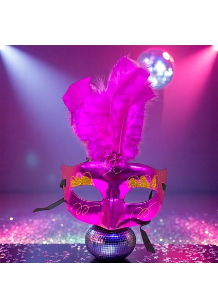 Yılbaşı Parti Maskesi Pembe Maske Pembe Tüylü Maske Parti Maskesi Vıp Venedik Maskesi