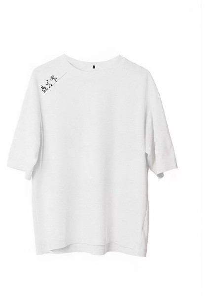 Bisiklet Yaka Baskılı Oversize T-Shirt - Beyaz