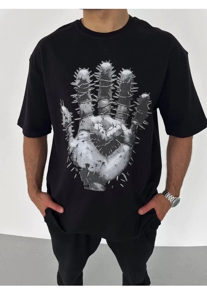 Bisiklet Yaka Baskılı Oversize T-Shirt - Siyah
