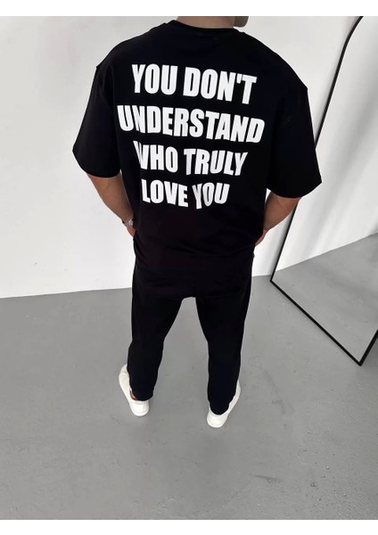 Bisiklet Yaka Baskılı Oversize T-Shirt - Siyah