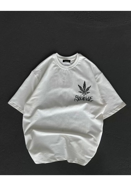 Bisiklet Yaka Baskılı Oversize T-Shirt - Beyaz