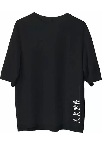 Bisiklet Yaka Baskılı Oversize T-Shirt - Siyah