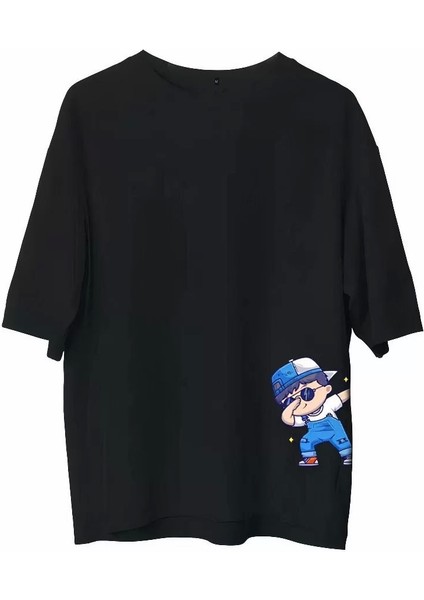 Bisiklet Yaka Baskılı Oversize T-Shirt - Siyah