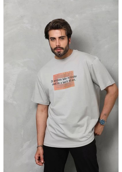 Bisiklet Yaka Baskılı Oversize T-Shirt - Gri