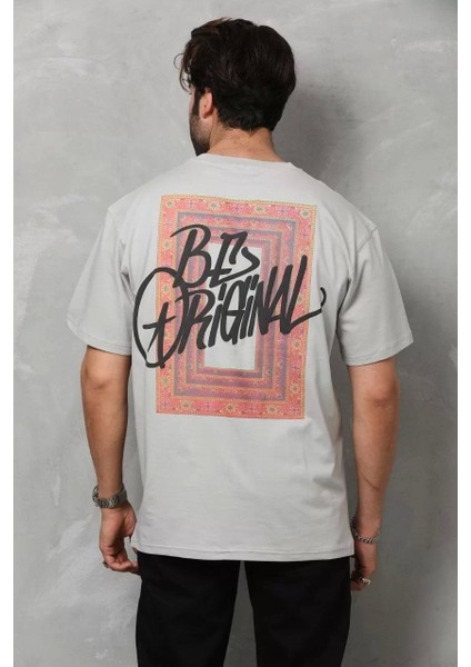 Bisiklet Yaka Baskılı Oversize T-Shirt - Gri