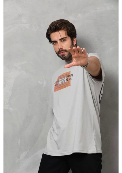 Bisiklet Yaka Baskılı Oversize T-Shirt - Gri