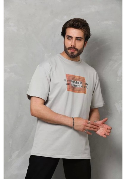 Bisiklet Yaka Baskılı Oversize T-Shirt - Gri