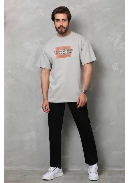 Bisiklet Yaka Baskılı Oversize T-Shirt - Gri