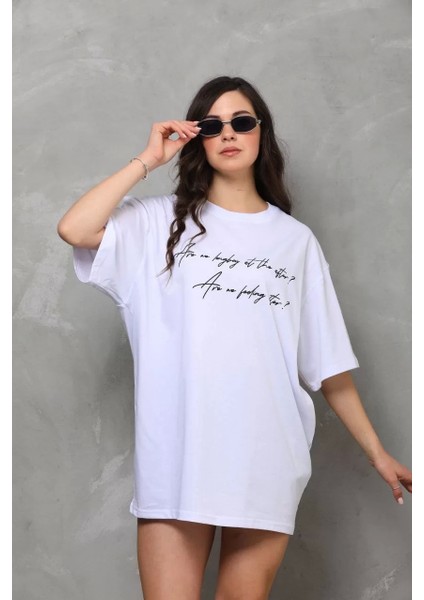 Bisiklet Yaka Baskılı Oversize T-Shirt - Beyaz