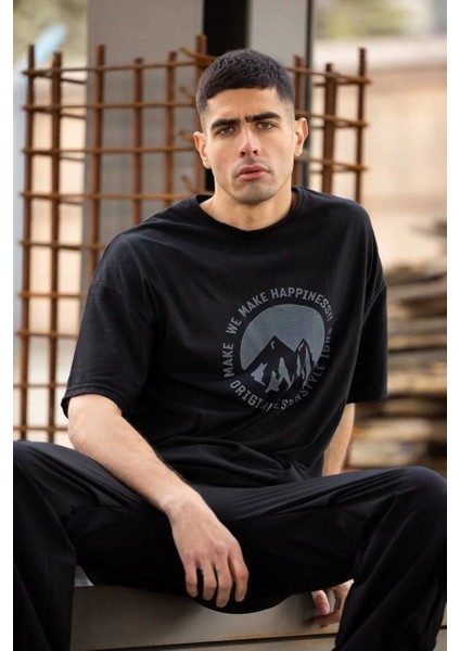 Bisiklet Yaka Baskılı Oversize T-Shirt - Siyah