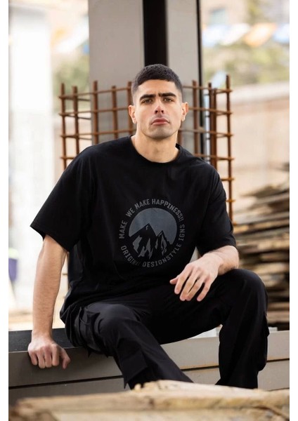 Bisiklet Yaka Baskılı Oversize T-Shirt - Siyah