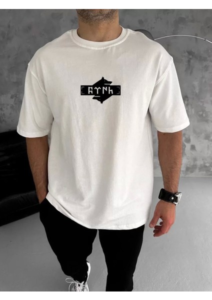 Bisiklet Yaka Baskılı Double Oversize T-Shirt - Beyaz