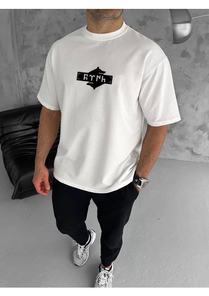 Bisiklet Yaka Baskılı Double Oversize T-Shirt - Beyaz