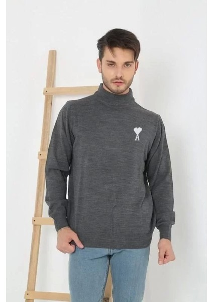 Unisex Yarım Boğazlı Baskılı Dokuma Triko - Füme