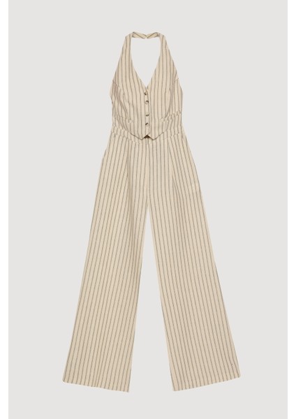 Halter Yakalı Çizgili Uzun Tulum Naturel