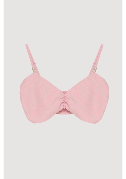 Boncuk Askılı Çizgili Büstiyer Bluz Pembe