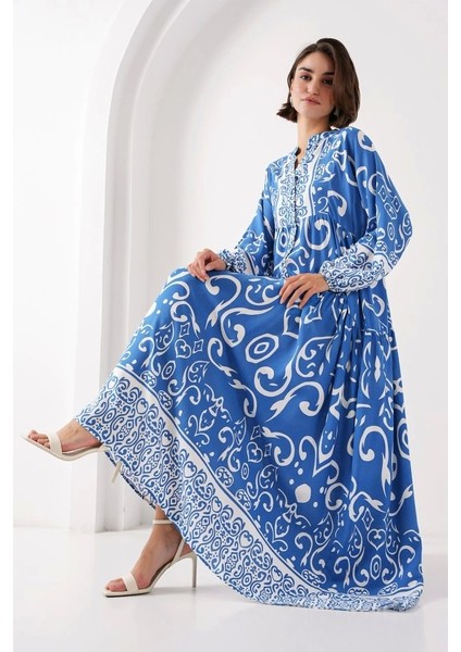 2423 Otantik Desenli Tesettür Elbise - B. Indigo