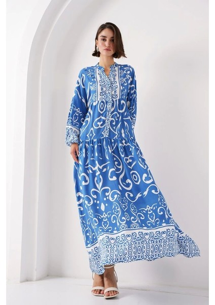 2423 Otantik Desenli Tesettür Elbise - B. Indigo modelleri