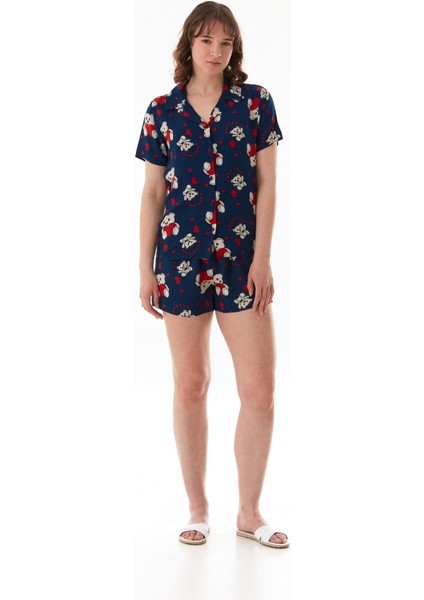 Ayıcık Desenli Gömlek Yaka Şortlu Pijama Takımı