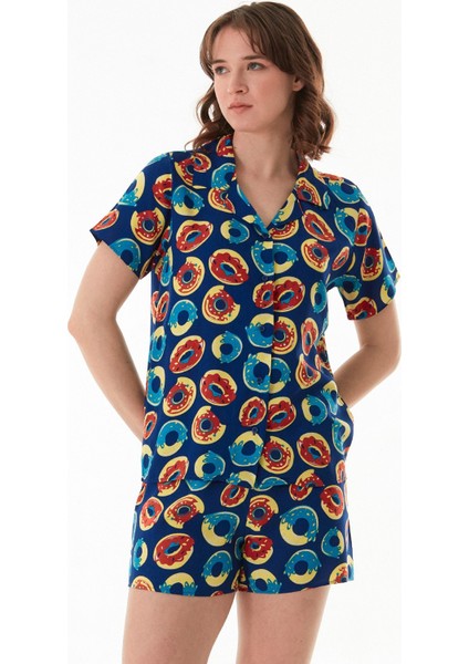 Donut Desenli Gömlek Yaka Şortlu Pijama Takımı