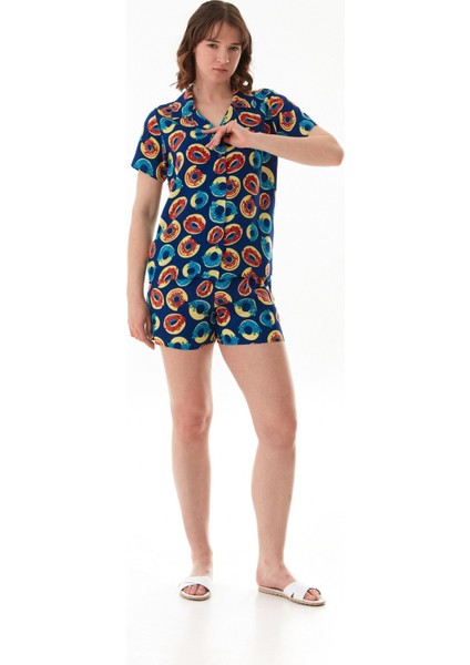 Donut Desenli Gömlek Yaka Şortlu Pijama Takımı