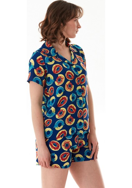 Donut Desenli Gömlek Yaka Şortlu Pijama Takımı