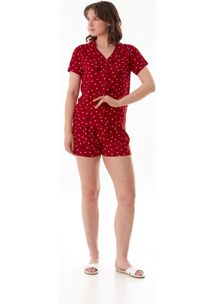 Kalp Desenli Gömlek Yaka Şortlu Pijama Takımı
