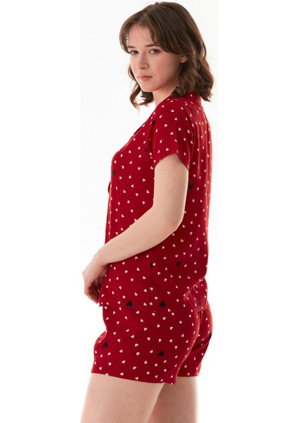 Kalp Desenli Gömlek Yaka Şortlu Pijama Takımı