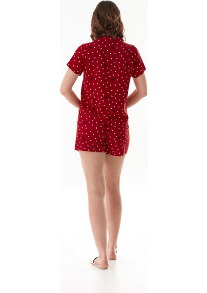 Kalp Desenli Gömlek Yaka Şortlu Pijama Takımı