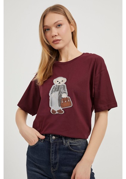 Armalıfe 1303 Ayıcık Detaylı Bis Yaka Kadın T-Shırt