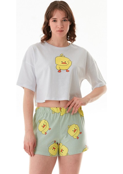Civciv Baskılı Şortlu Oversize Pijama Takımı