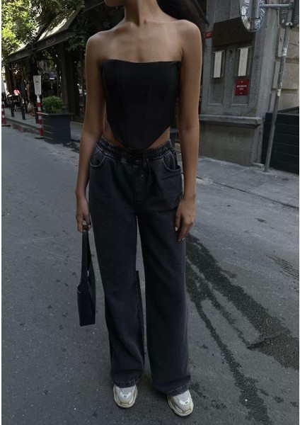 Kadın Arkadan Yırtmaçlı Jeans Kot Palazzo Pantolon - Siyah