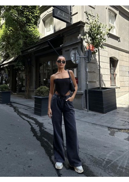 Kadın Arkadan Yırtmaçlı Jeans Kot Palazzo Pantolon - Siyah