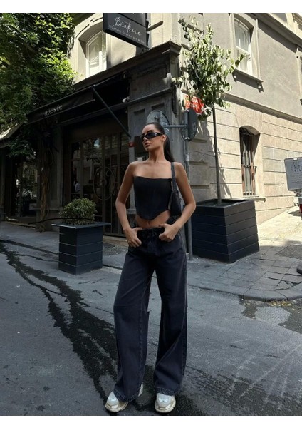 Kadın Arkadan Yırtmaçlı Jeans Kot Palazzo Pantolon - Siyah