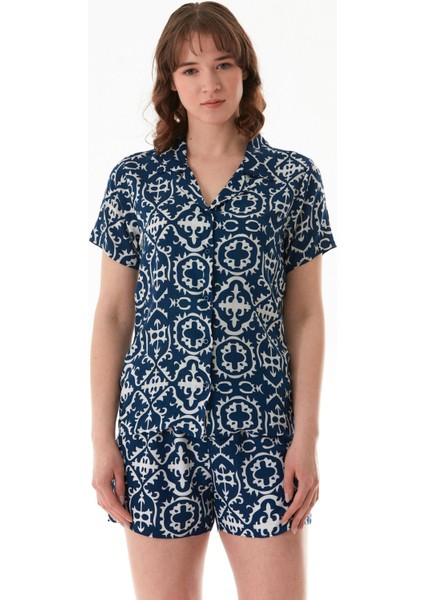 Etnik Desenli Gömlek Yaka Şortlu Pijama Takımı