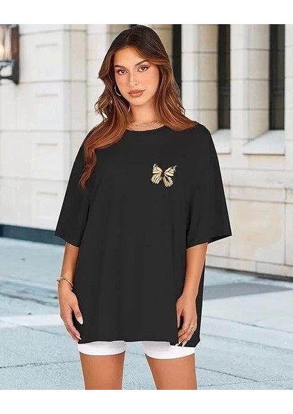 Kadın Bisiklet Yaka Baskılı T-Shirt - Siyah