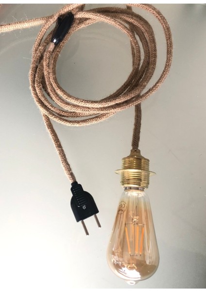 Jüt Halat Sarkıt Avize Anahtarlı Duy 3mt Altın Rengi (Edison Ampul Dahil)