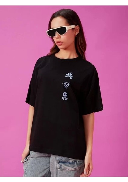 Kadın Baskılı Oversize T-Shirt - Siyah