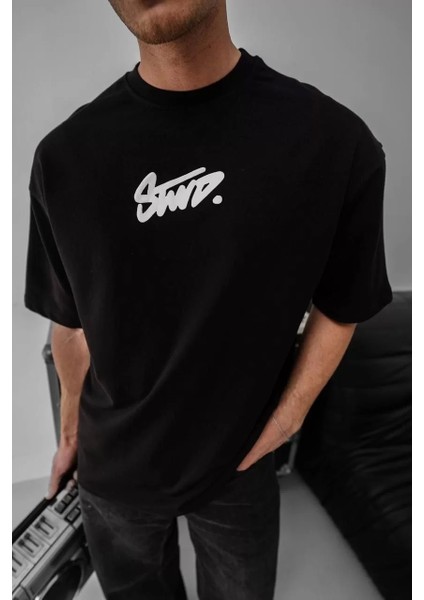 Erkek Baskılı Oversize T-Shirt - Siyah