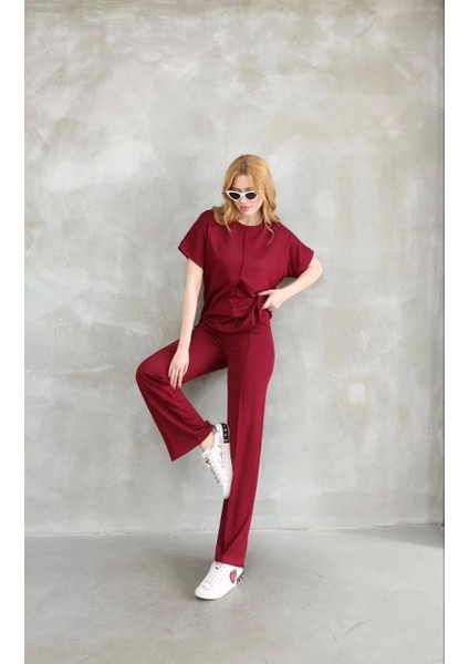 Osy Modal Yumuşak Dokulu Kumaş Bisiklet Yaka Kısa Kollu Takım - Bordo