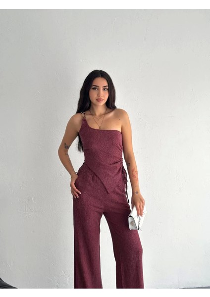 Asimetrik Crop Pantalon Ikili Takım - Gül Kurusu