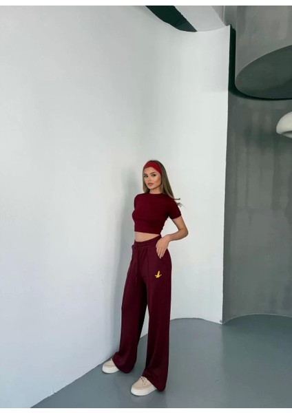 Osy Modal Yumuşak Dokulu Kumaş Nakış Işlemeli Rahat Bol Paça Eşofman Pantalon - Bordo