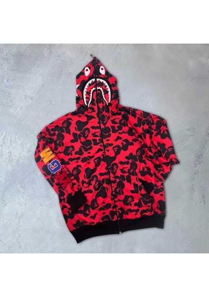 2 Iplik Bape Kapüşonu Fermuarlı Hırka - Kırmızı