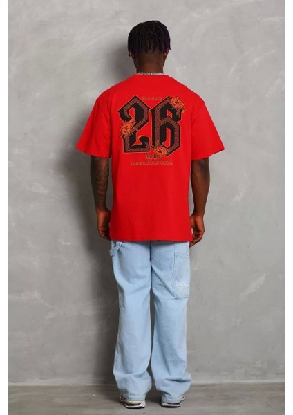 Oversize Baskılı Bisiklet Yaka T-Shirt - Kırmızı