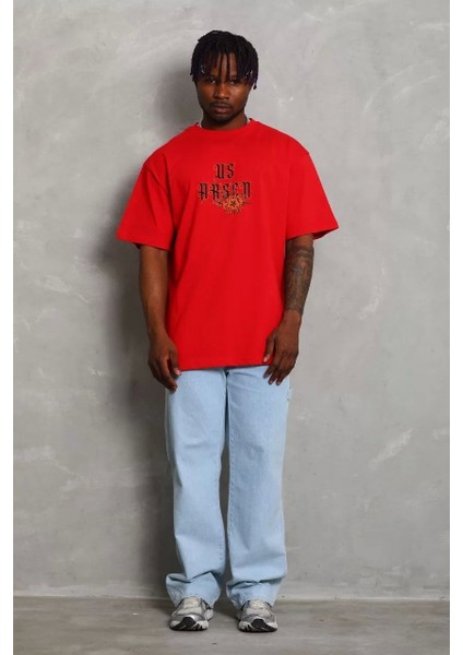 Oversize Baskılı Bisiklet Yaka T-Shirt - Kırmızı