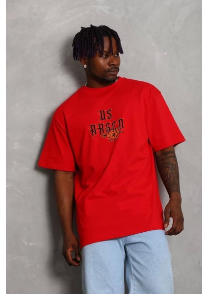 Oversize Baskılı Bisiklet Yaka T-Shirt - Kırmızı