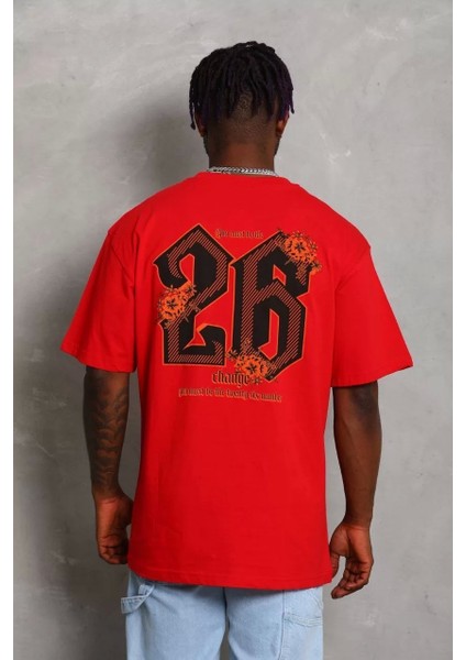 Oversize Baskılı Bisiklet Yaka T-Shirt - Kırmızı