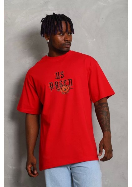 Oversize Baskılı Bisiklet Yaka T-Shirt - Kırmızı